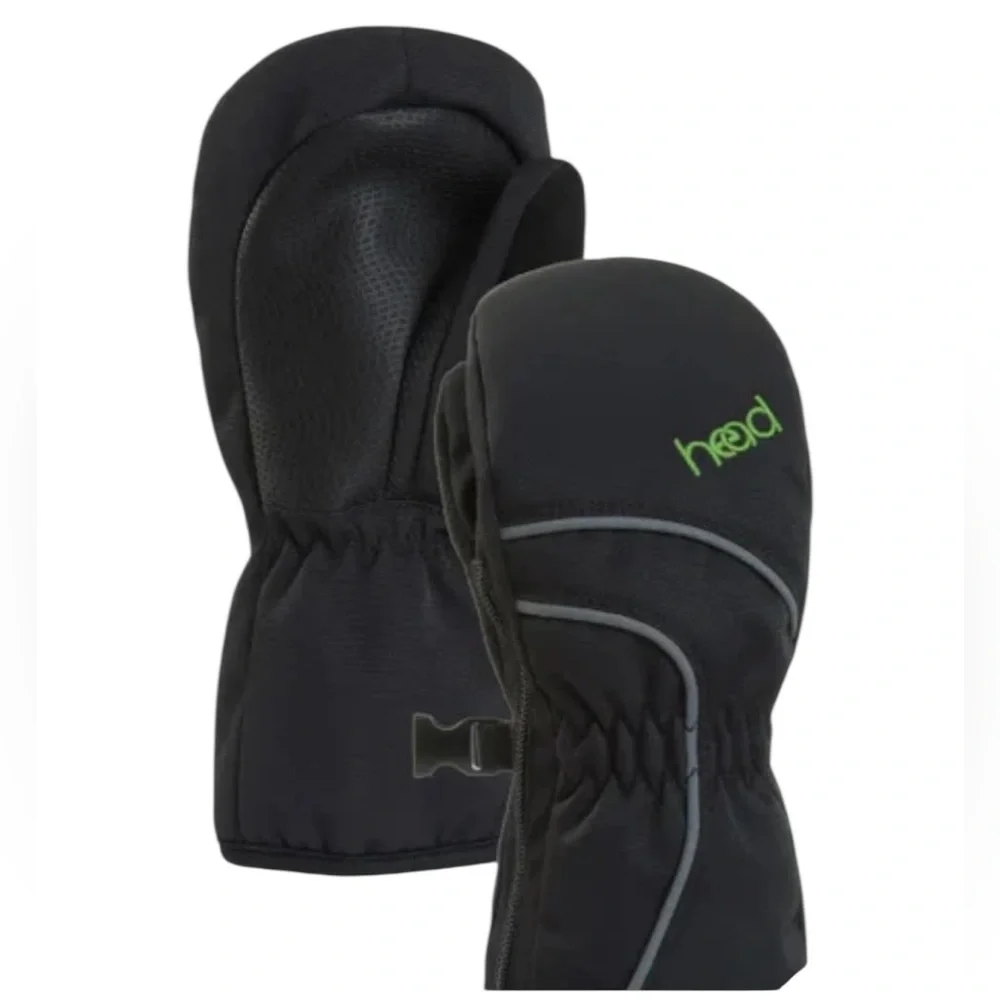 •NWT HEAD Junior Ski Mittens S/P 4-6 Black Green Waterproof Adjustable Cord Lock